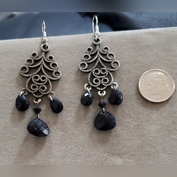 Fancy Scroll, chandelier dangle, black faceted acrylic crystals earrings. - Picture 3 of 5
